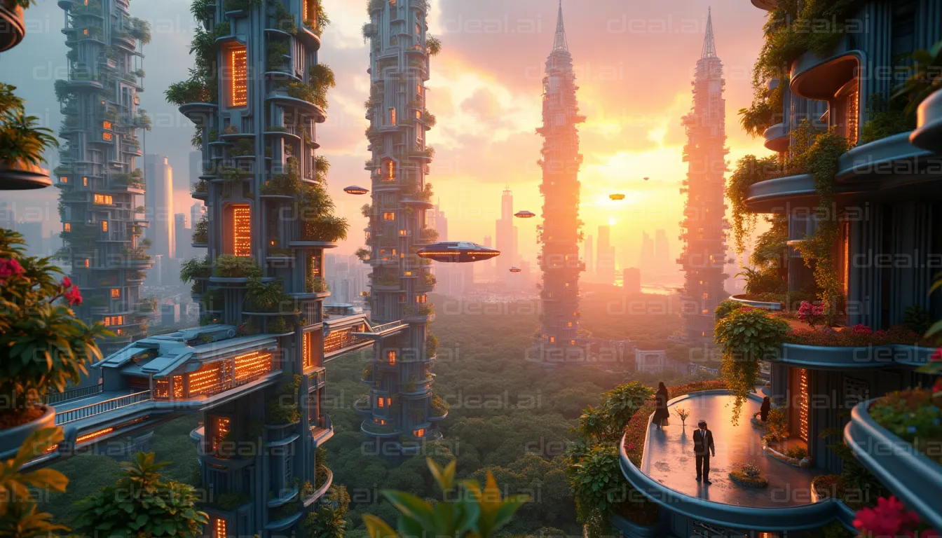 "Futuristic Green Cityscape at Sunset"