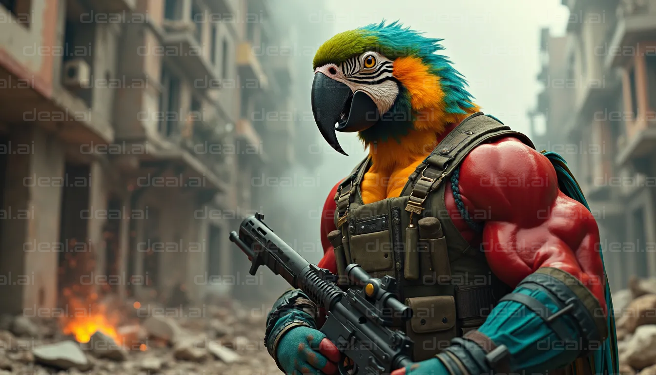 "Parrot Commando Stands Ready in Ruins"