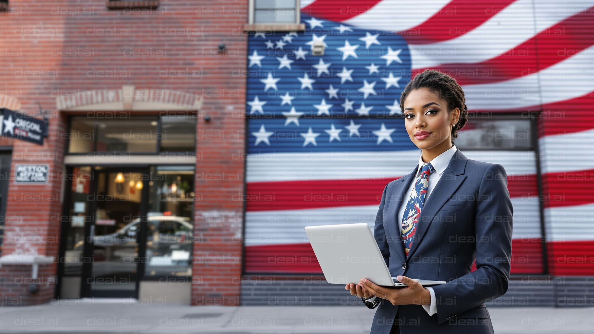"Businesswoman in Front of Flag Mural"