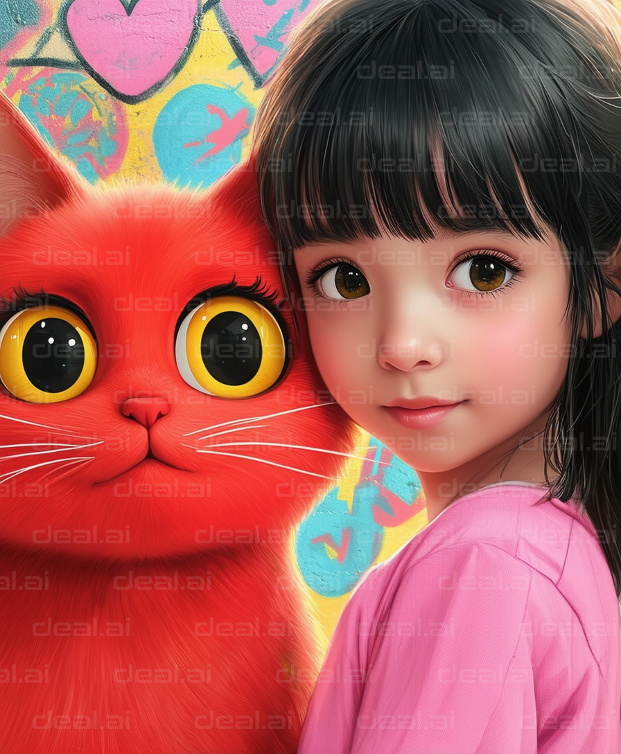 Girl and Red Cat in Colorful Scene