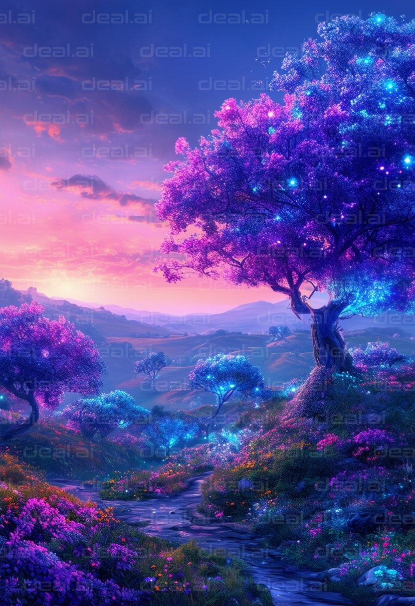 "Enchanted Twilight: Glowing Fantasy Landscape"