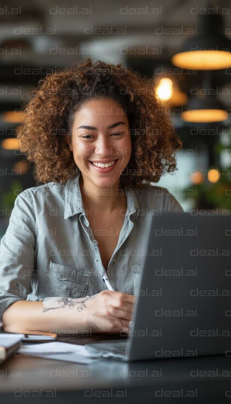 "Smiling Woman Working on Laptop"