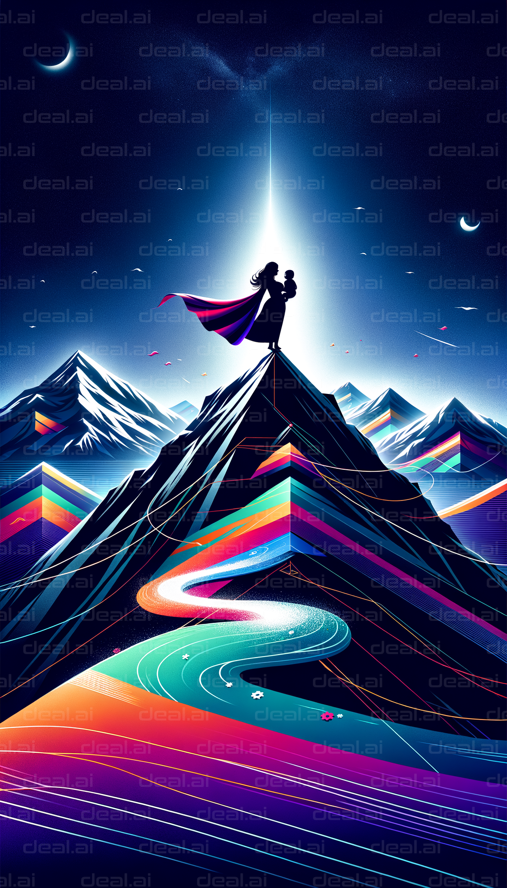 "Celestial Embrace atop Cosmic Peaks"
