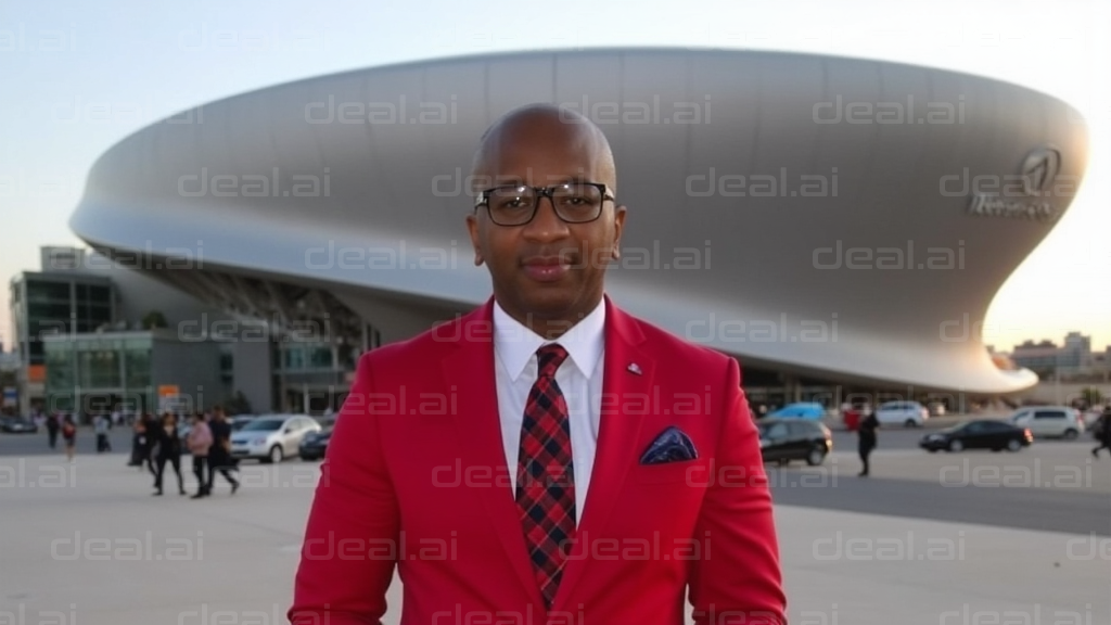 Man in Red Suit at Modern Venue