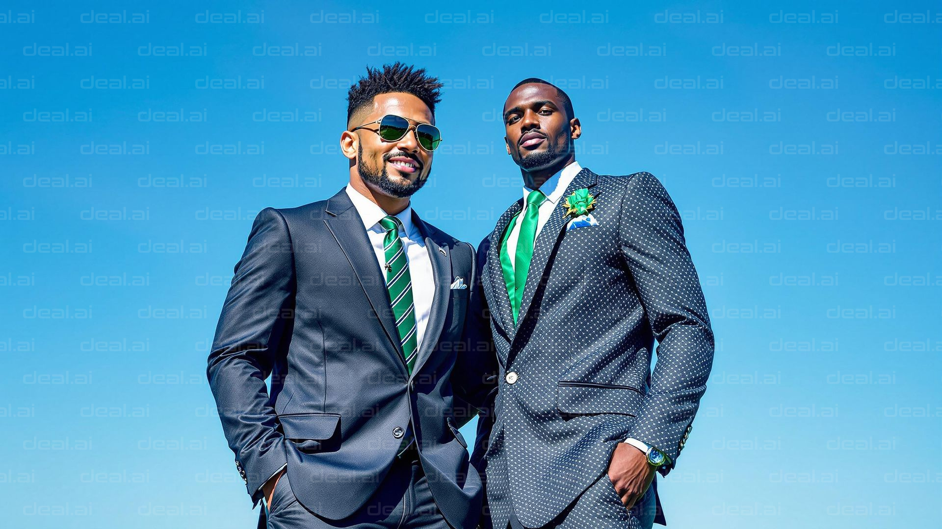 Stylish Duo in Suits Under Blue Sky