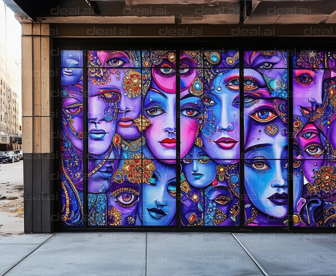 Vibrant Mural of Surreal Faces