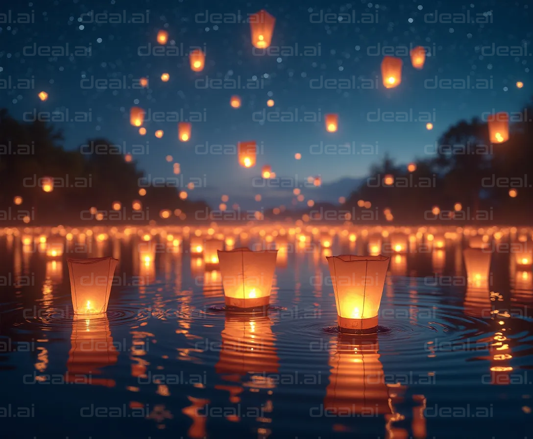 "Lanterns Floating Under a Starry Sky"