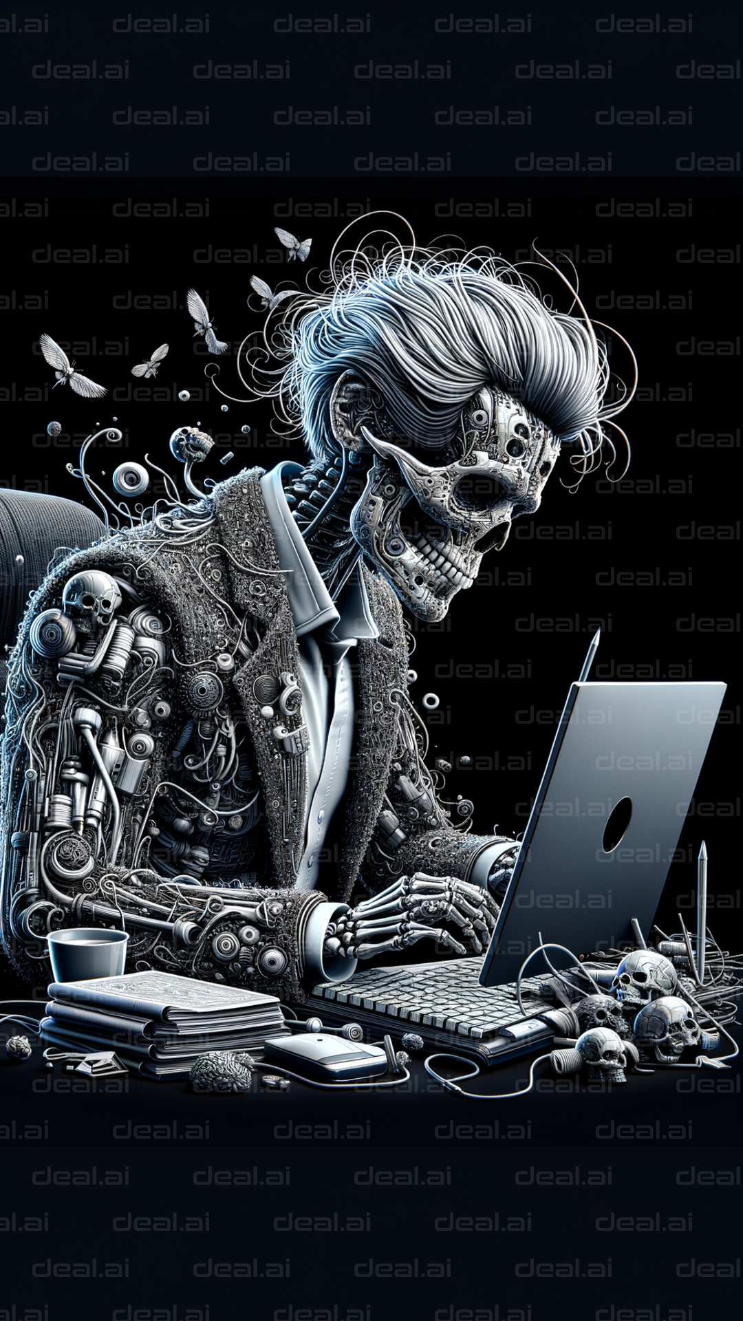 Cyberpunk Skeleton at Computer Desk