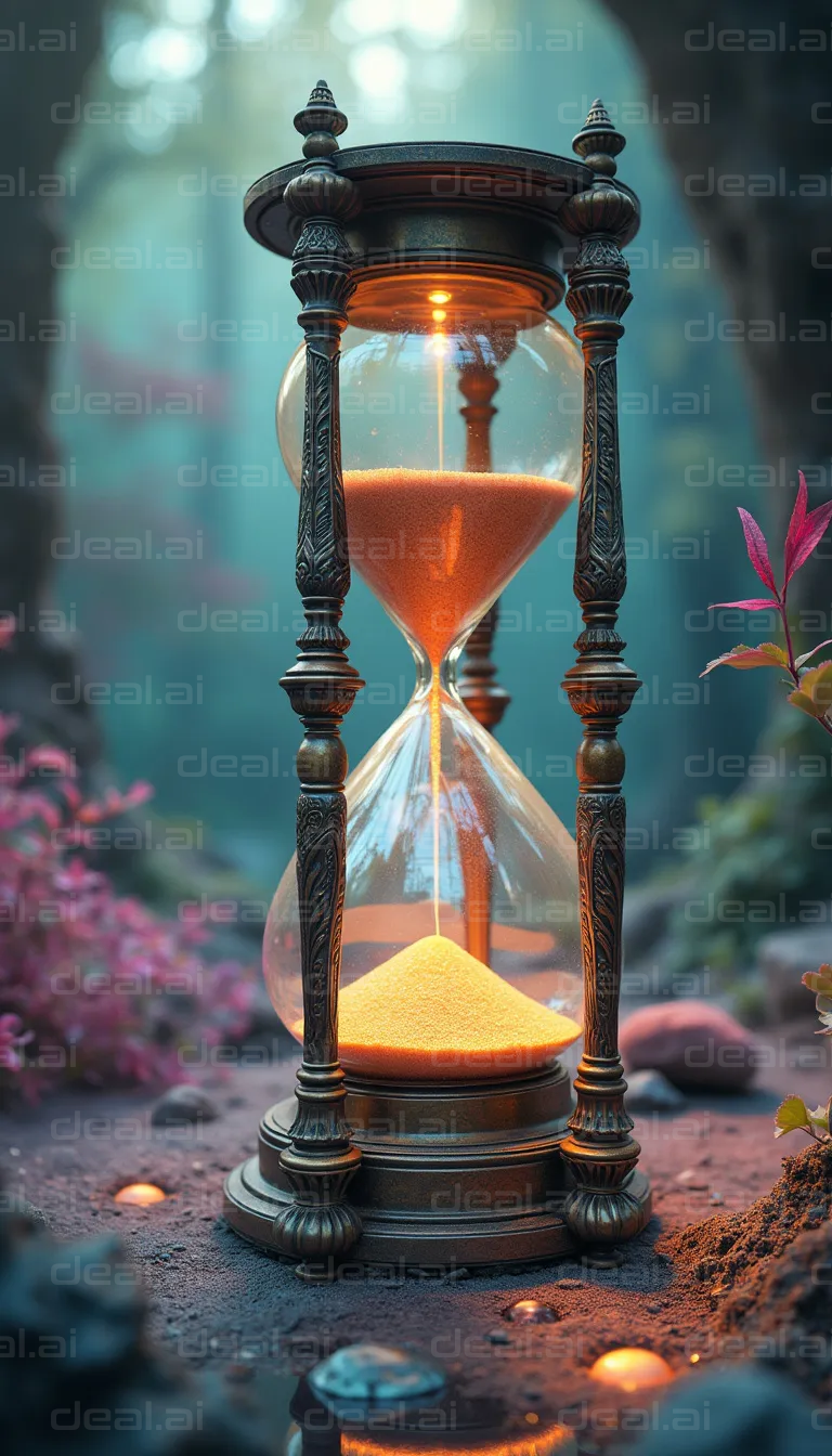 "Vintage Hourglass in Enchanted Forest"