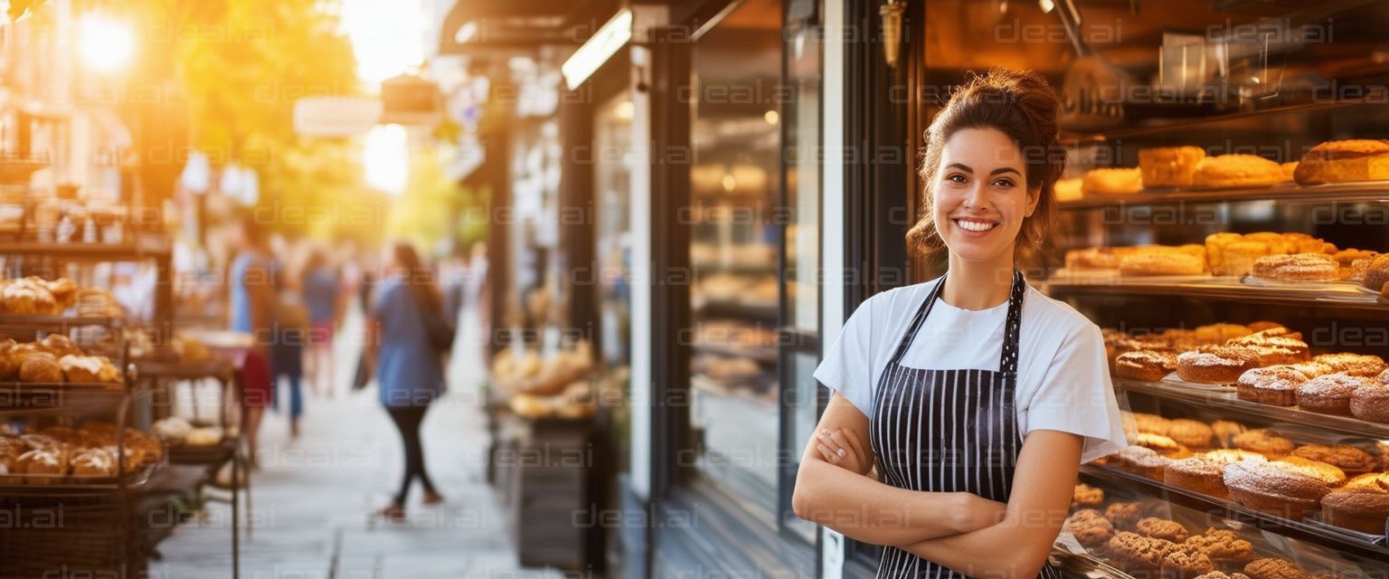 "Smiling Baker Outside Her Pastry Shop"