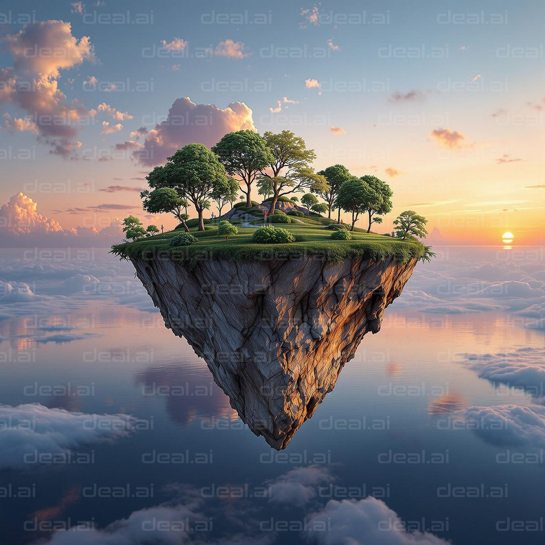 Floating Island Oasis at Sunset
