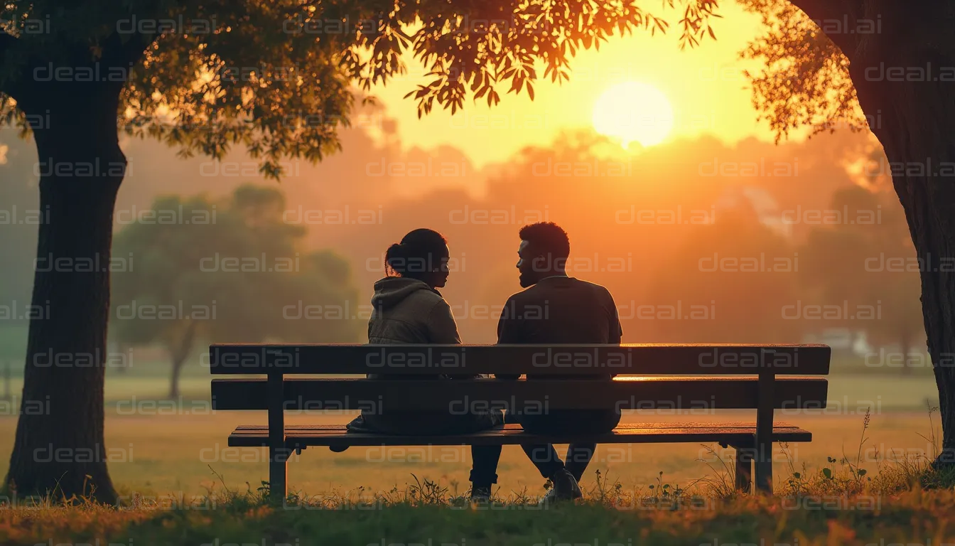 "Couple Enjoying Sunset on Park Bench"