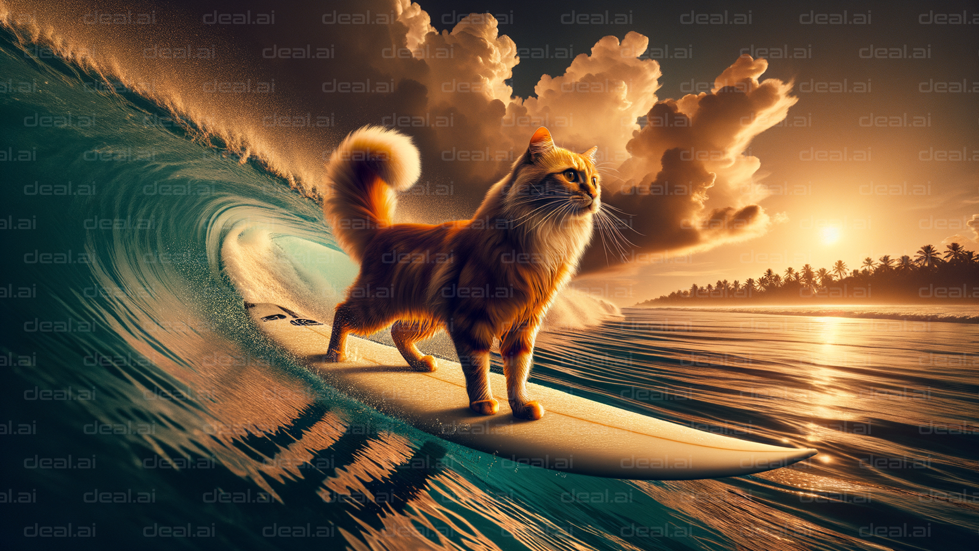 Surfing Cat at Sunset Bliss