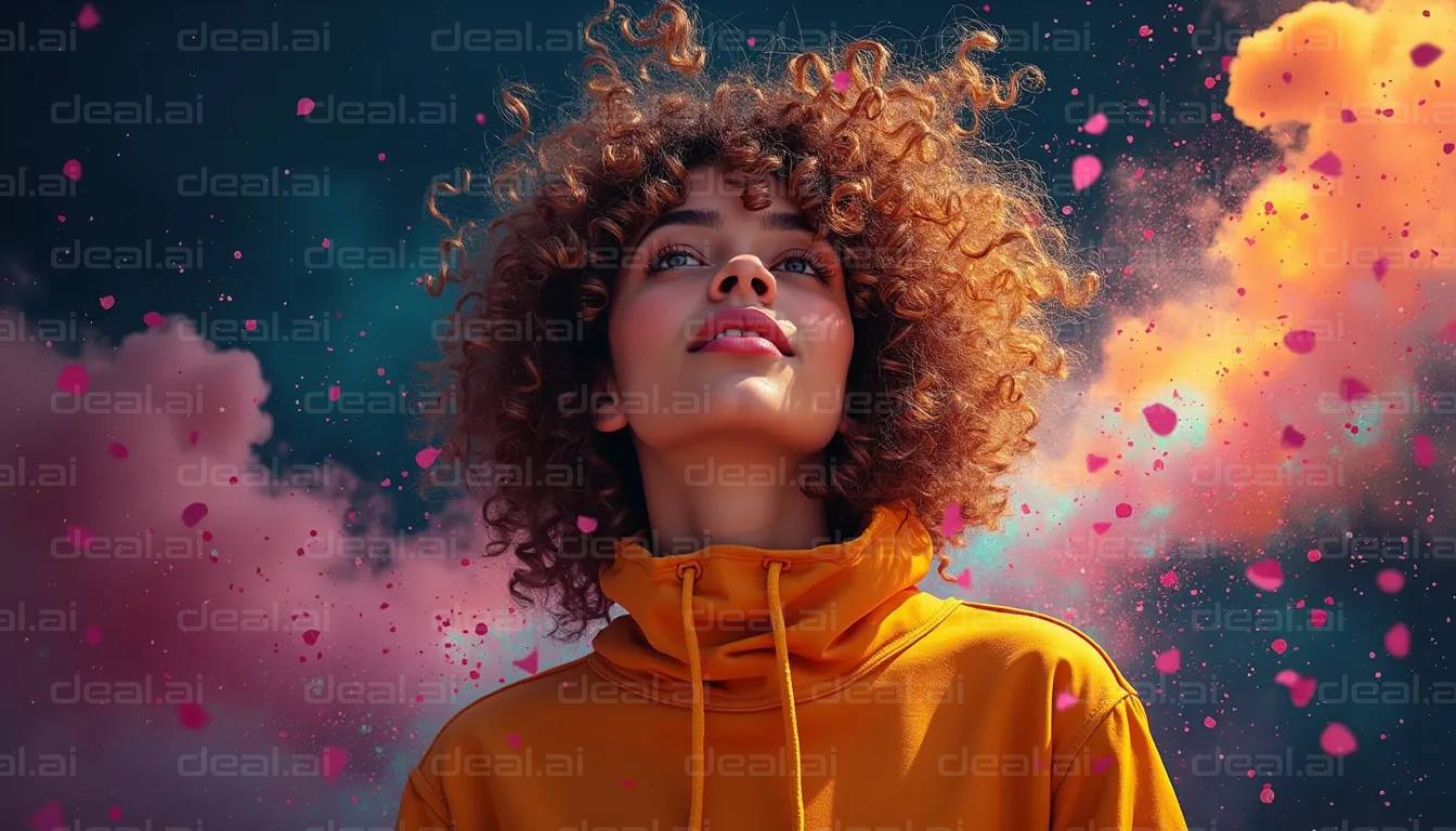 Dreamy Woman Amidst Colorful Confetti