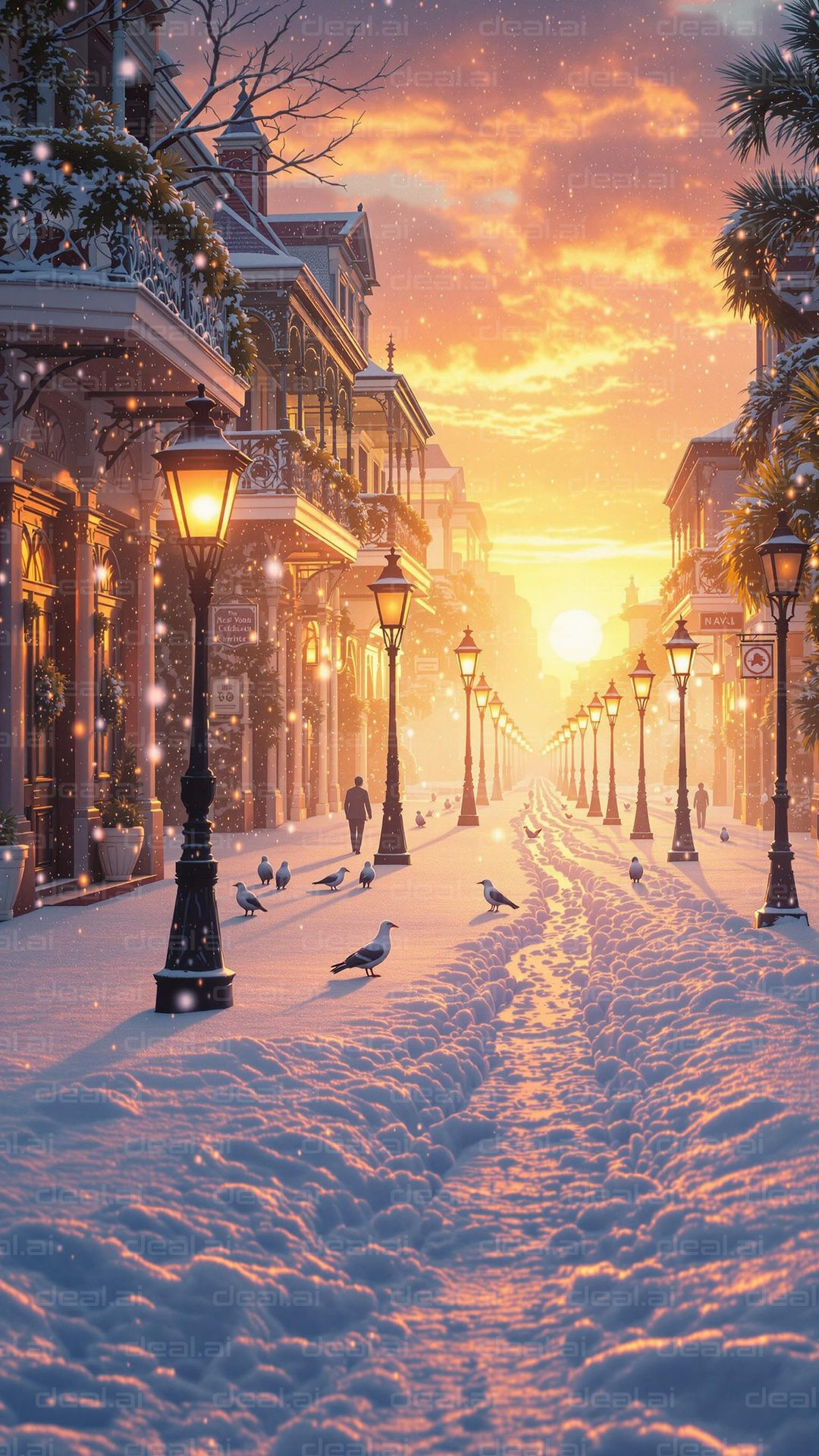 Snowy Street at Sunset Bliss