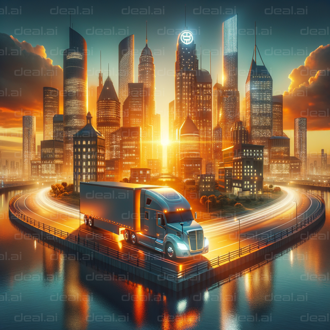 "Futuristic City with Glowing Truck"