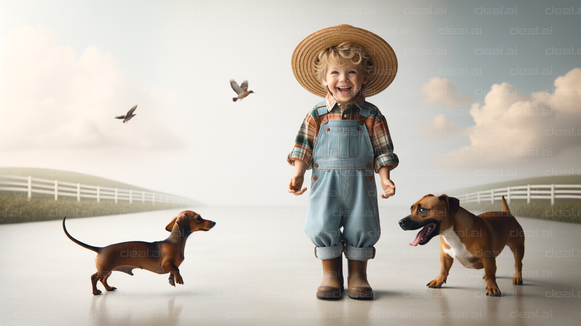 Smiling Child and Dogs on a Farm