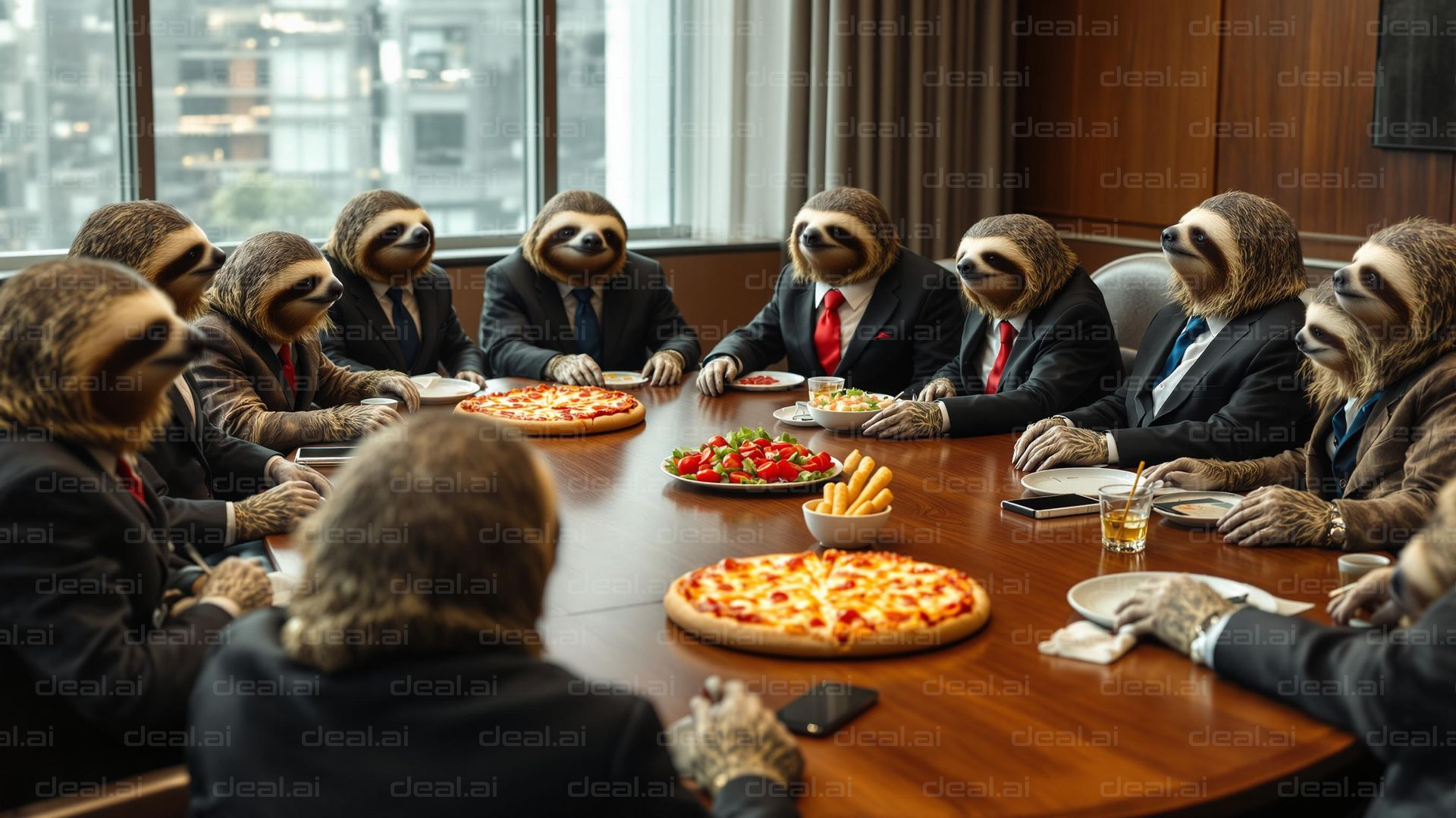 "Sloth Board Meeting: Pizza Time"