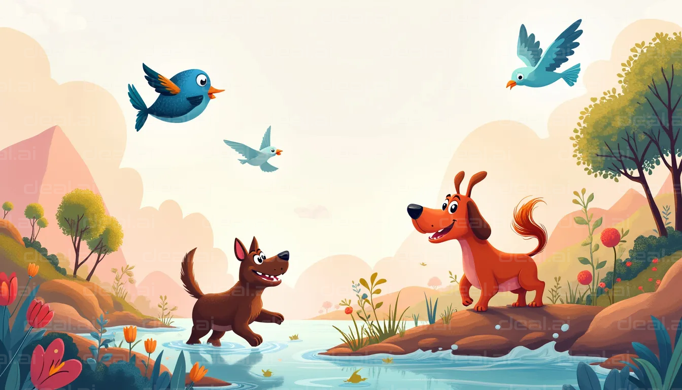 "Dogs and Birds Frolic by the Stream"