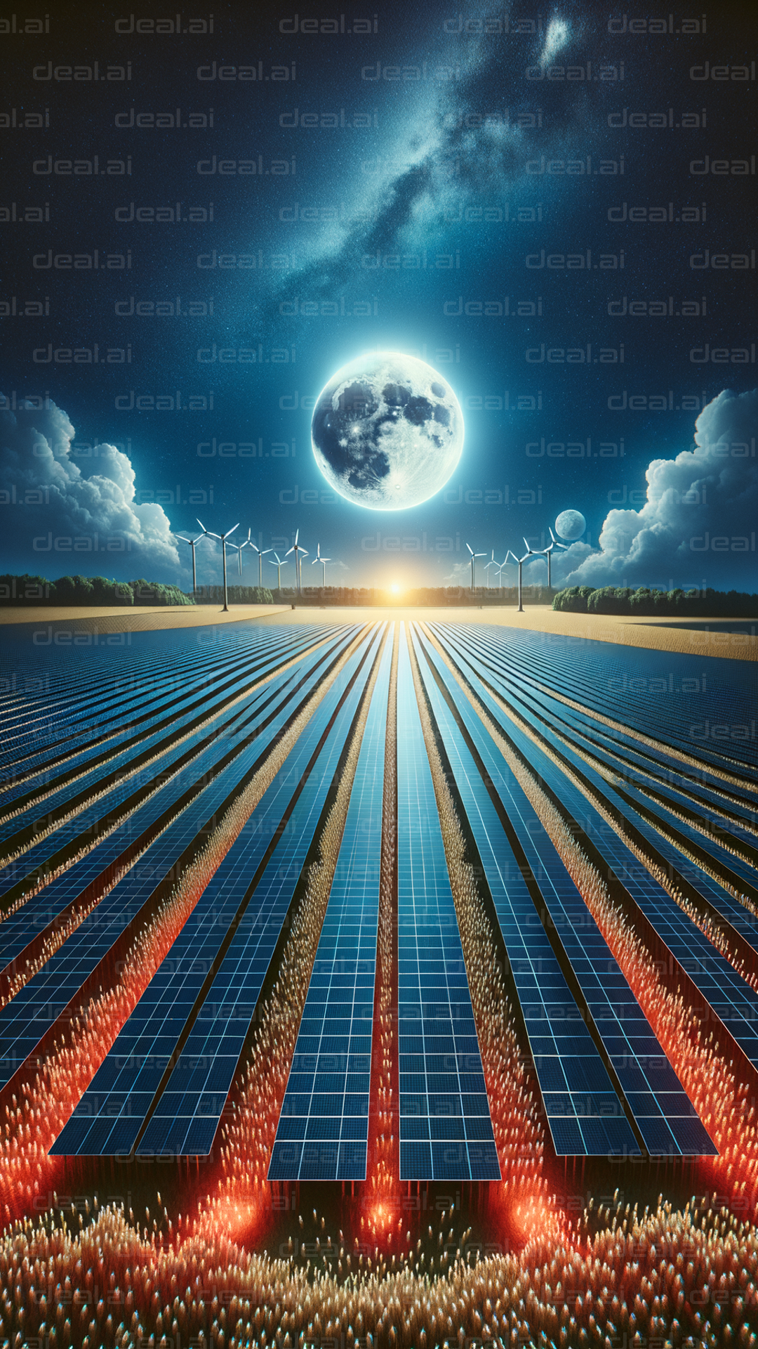 "Moonlit Solar and Wind Energy Field"