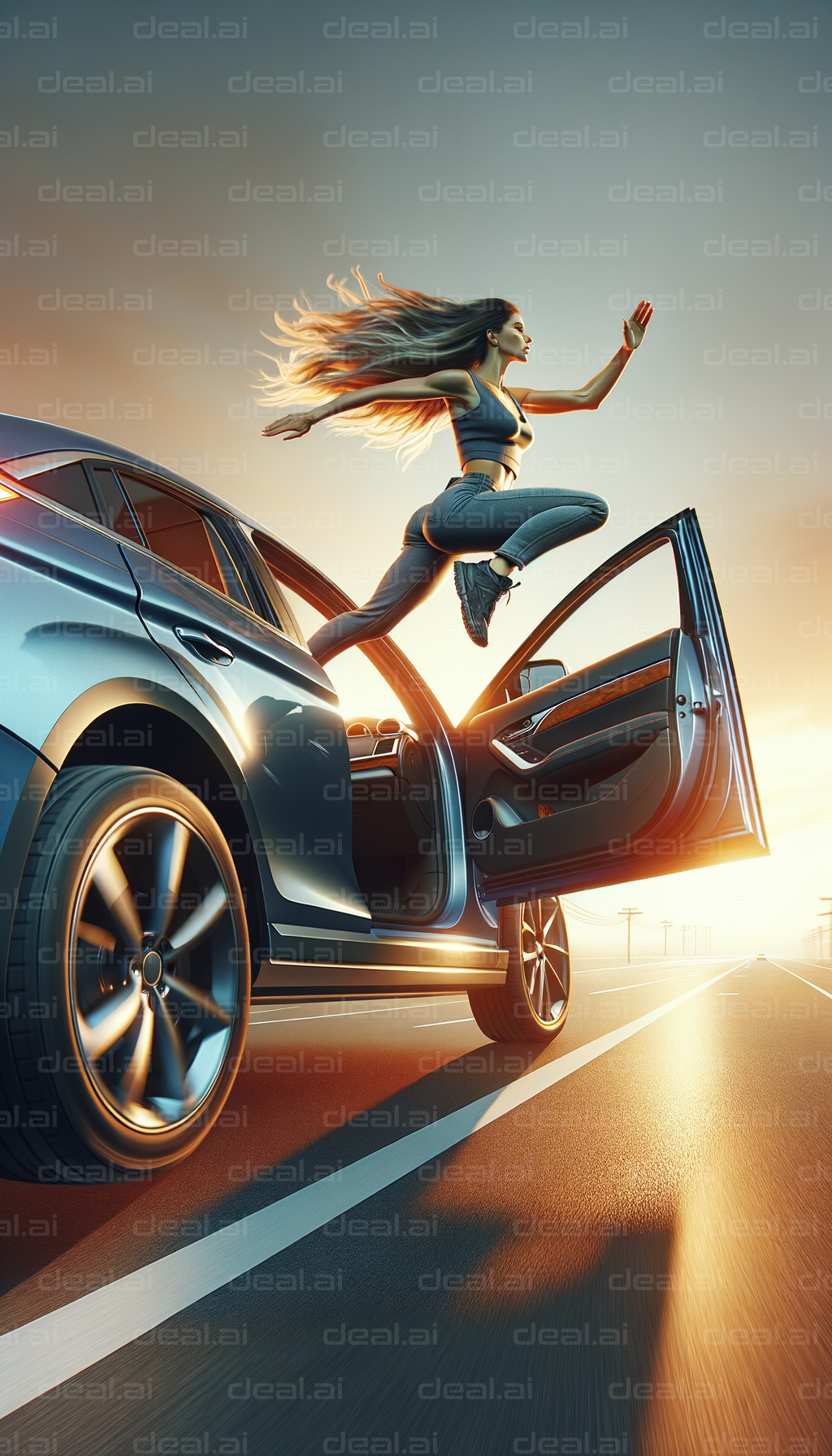 "Leaping from a Moving Car at Sunset"