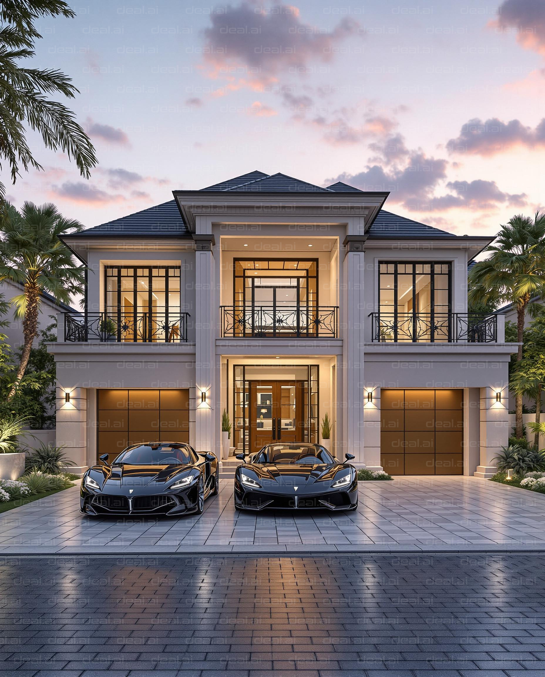 Luxury Mansion and Supercars at Sunset